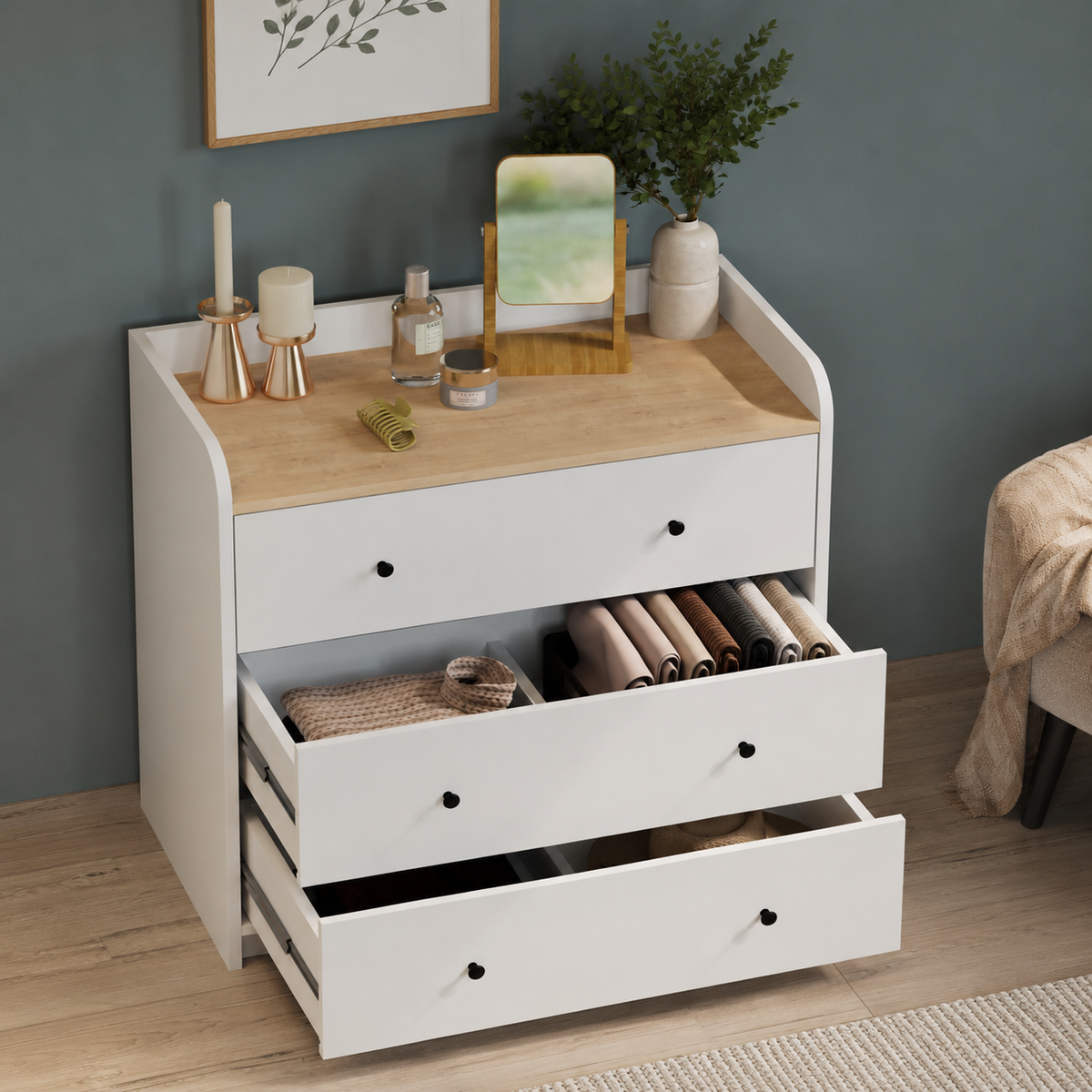 Comoda dormitor din PAL 90x50,1x90 cm, cu 3 sertare si 6 compartimente