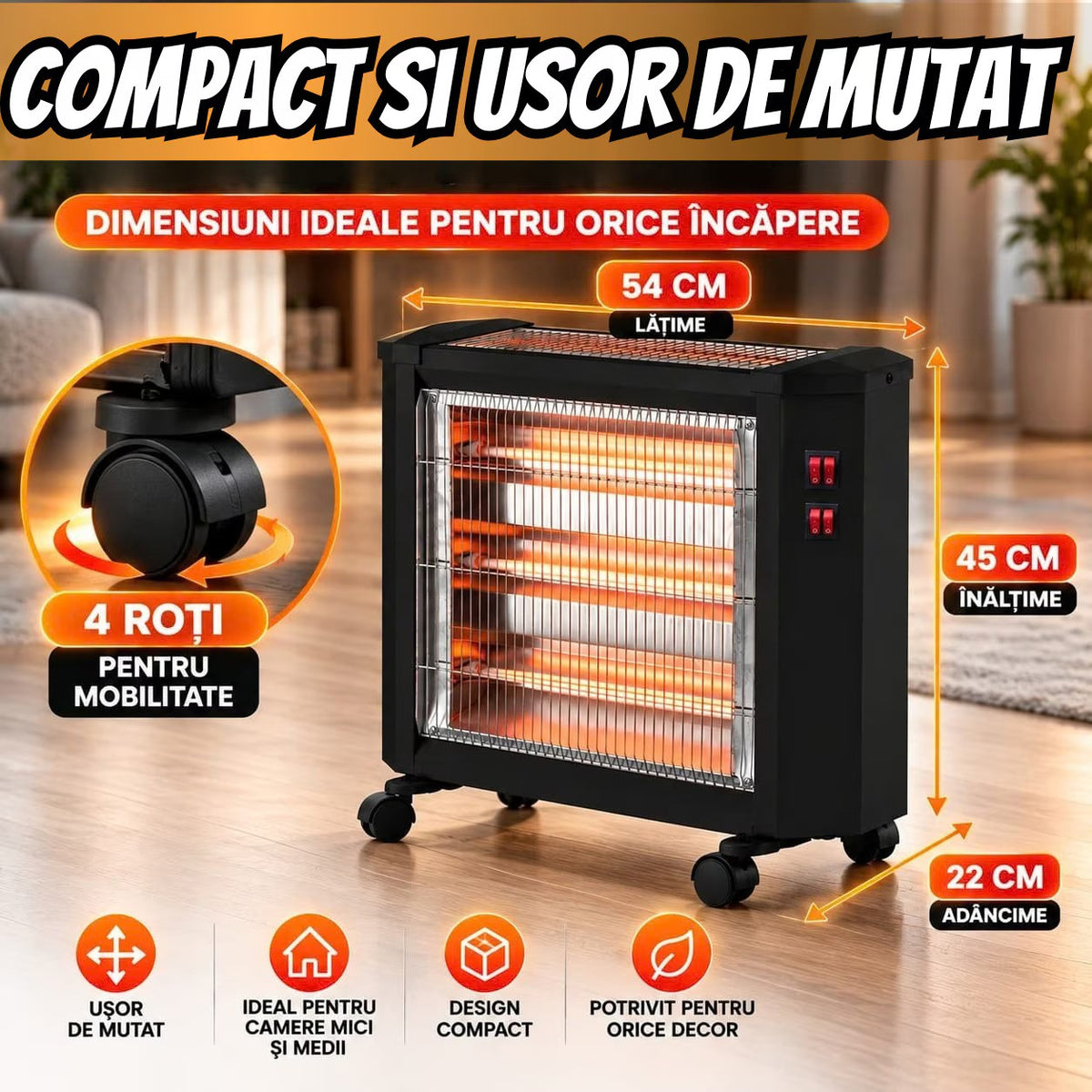 Radiator Quartz Hausberg HB 8800 2000W 4 Tuburi Quartz 2 Trepte Putere Termostat - detaliu produs