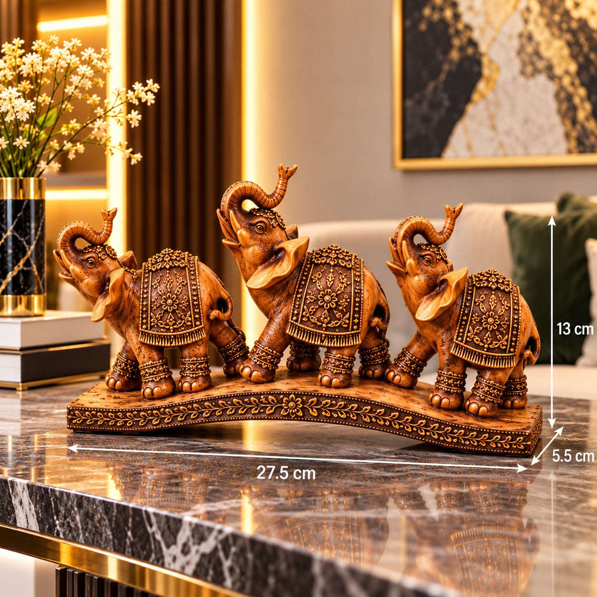 Statuetă Decorativă Premium cu 3 Elefanți, Design Oriental, Finisaj Bronz-Auriu, din Rășină – 27 × 13 cm - imagine principala