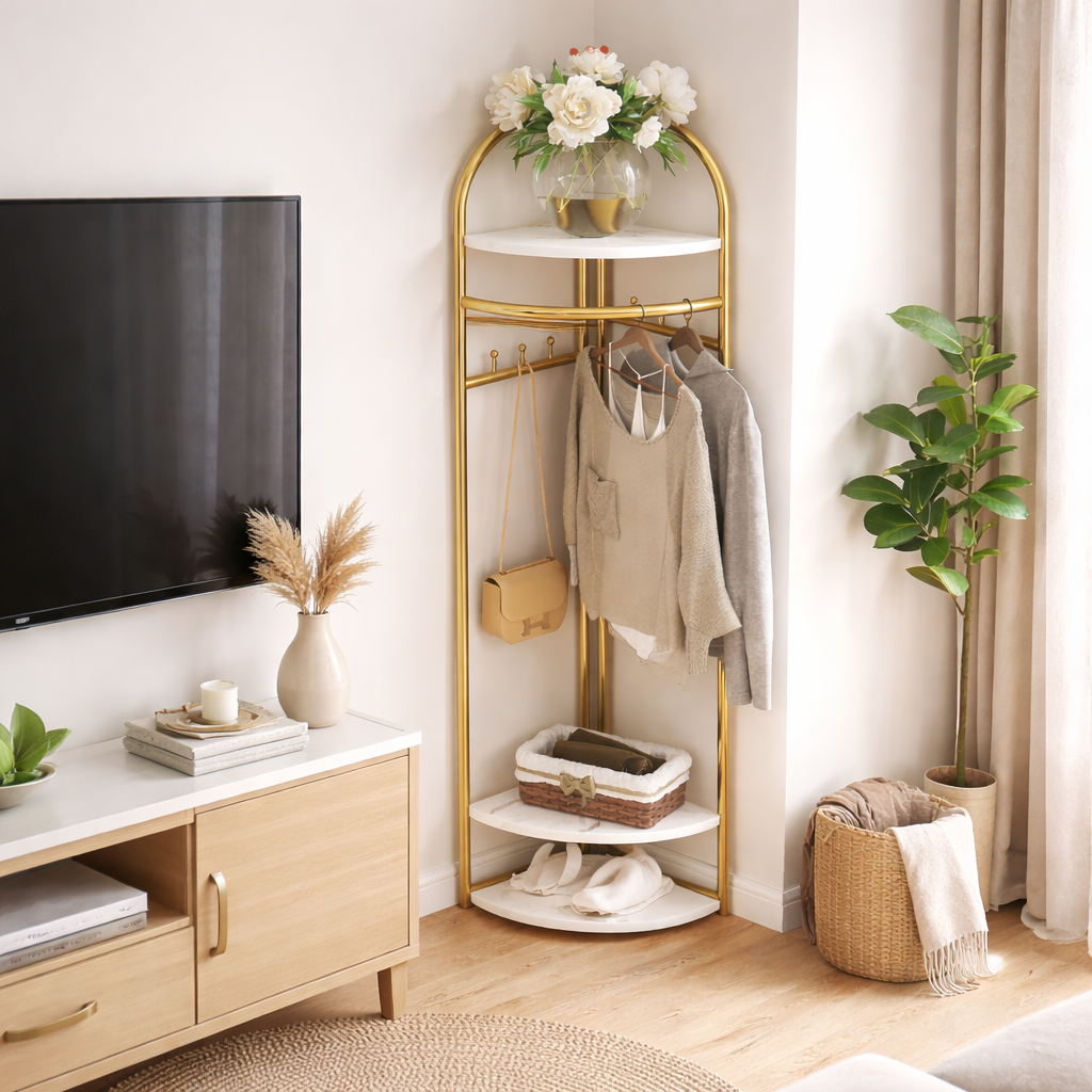 Cuier de colt, Metalic Auriu, cu Blaturi din MDF, 3 Rafturi, 6 Carlige, Inaltime 170 cm