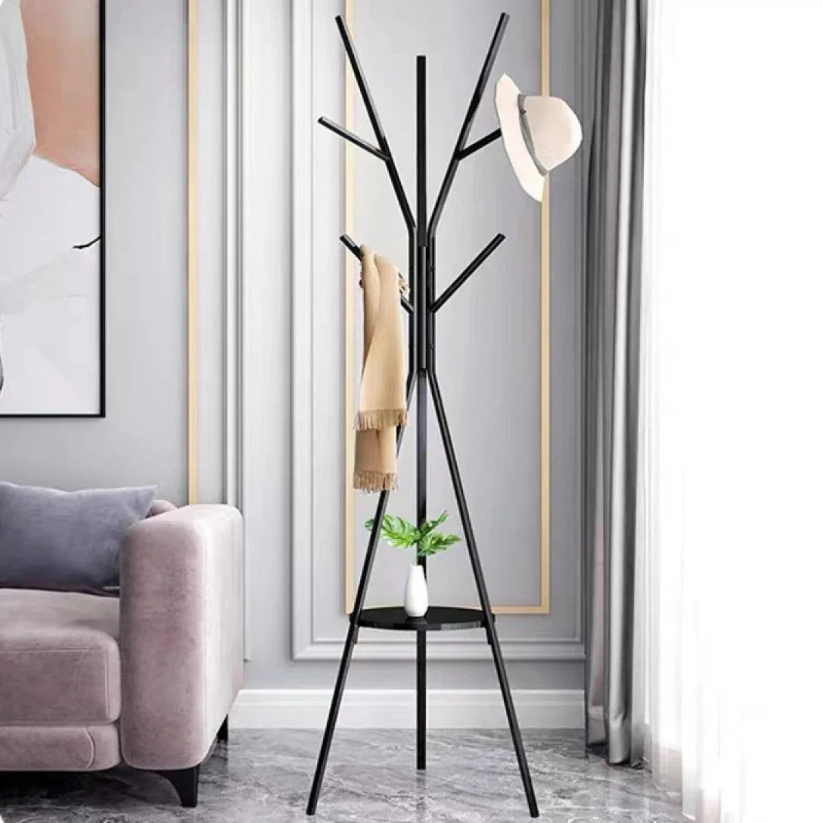 RESIGILAT - Cuier haine cu suport din lemn pentru accesorii, 9 carlige, otel carbon, 180 x 45 cm, negru