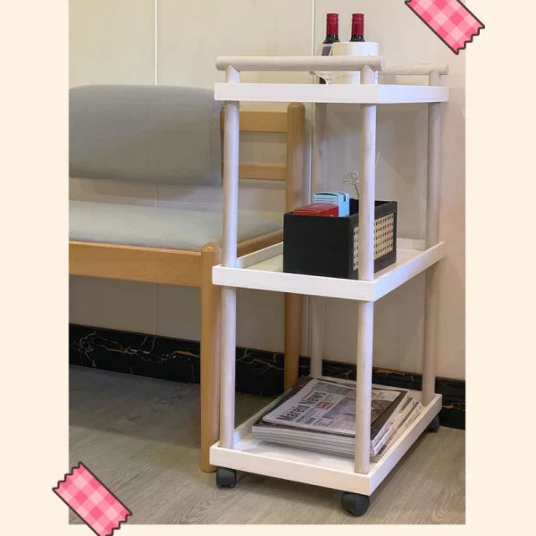 Raft mobil cu 3 polite si 4 roti rotative, suporturi din lemn natural, alb