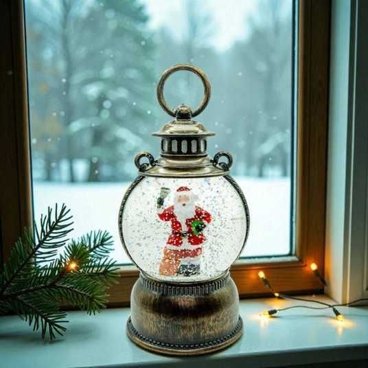 Felinar decorativ de Craciun cu Mos Craciun – cu efect de ninsoare si lumina calda