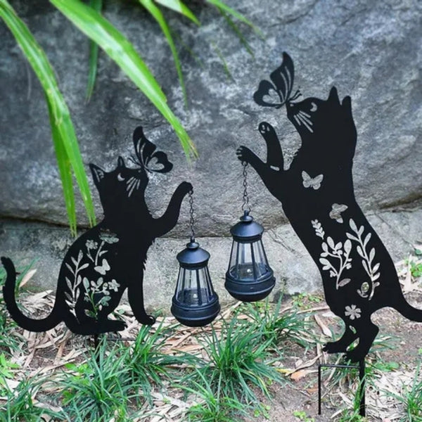 Set 2 Decoratiuni Solare de Gradina Pisica Neagra cu Felinar LED Fluture Metal - imagine principala