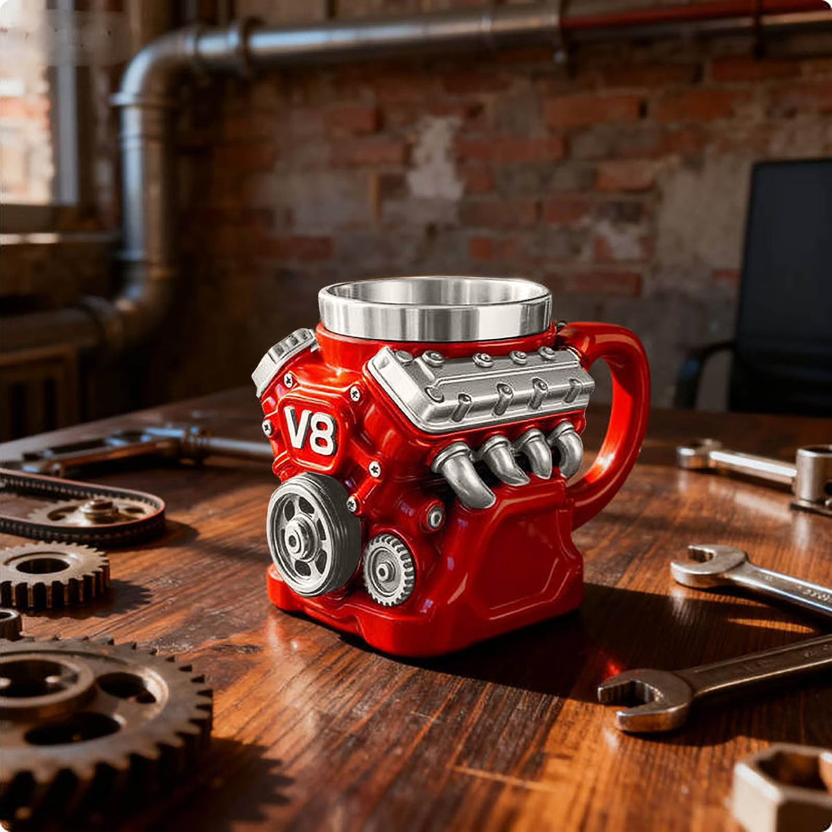 Cana V8 Engine 200 ml din otel inoxidabil cu design motor 3D mecanic