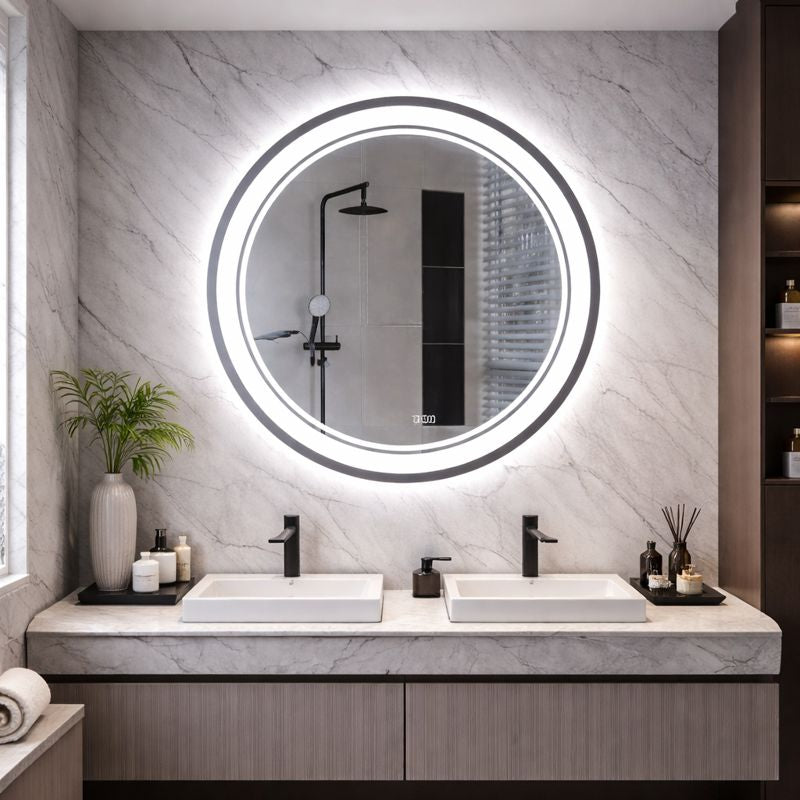 Oglinda baie LED rotunda 80 cm cu touch, dezaburire si iluminare