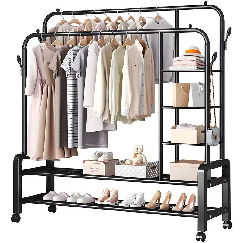 Suport Dublu Umerase Haine Stand Metalic Organizator 162x135cm Negru cu Roti