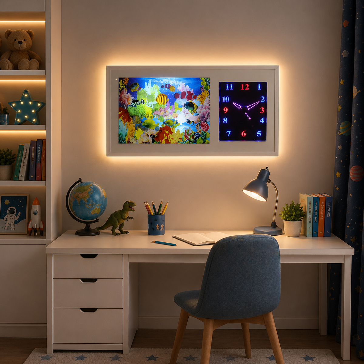 Ceas LED decorativ cu acvariu animat si pesti colorati in miscare si lumina ambientala, 42 x 25 x 9cm