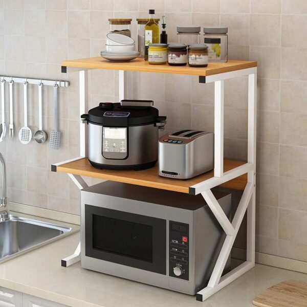 Raft Universal Bucatarie 2 Nivele Lemn si Metal – Suport pentru Cuptorul cu Microunde 68.5x54x37cm
