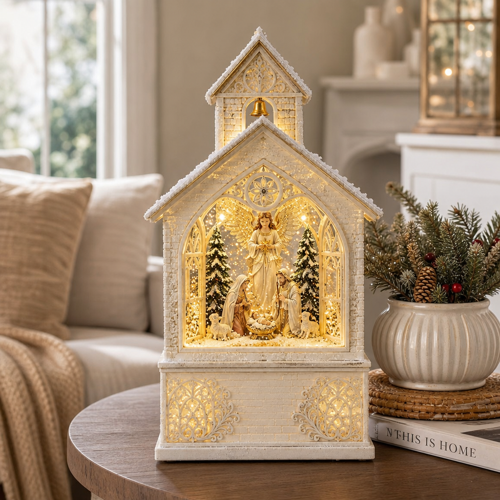 Decorațiune de Crăciun Premium tip Bisericuță cu Nașterea Domnului, Efect de Ninsoare și Muzică – 40,6 × 39,7 × 43,8 cm - imagine principala