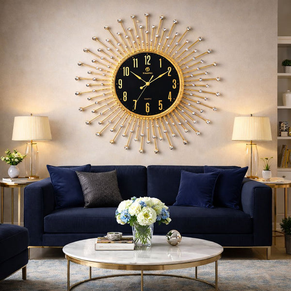 Ceas de perete decorativ auriu tip Sunburst cu cristale, 50cm