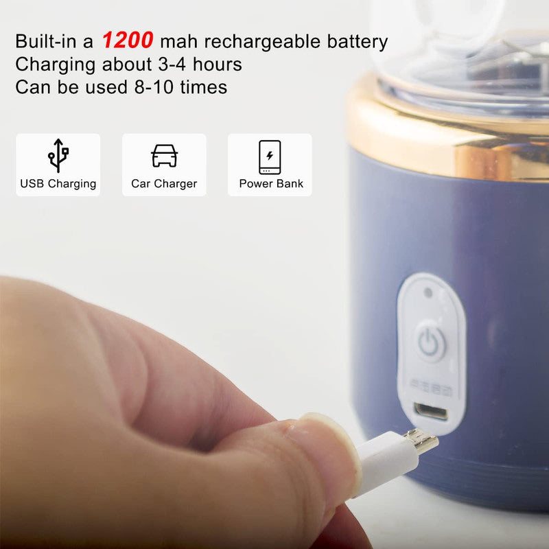 Mini Blender Portabil Electric, Cu Acumulator, 2 Recipiente, 6 Lame 3D, 300 ml, 40W, Capac Inclus