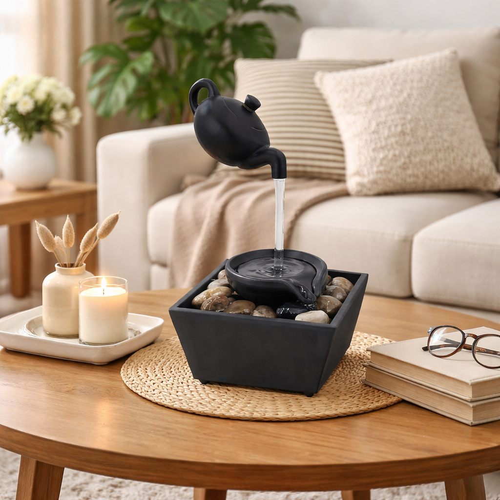 Fantana decorativa cu ceainic suspendat, alimentare USB si baterii, 27.5x11.7x11.7cm, cu lumini LED si pietre, negru, 404g