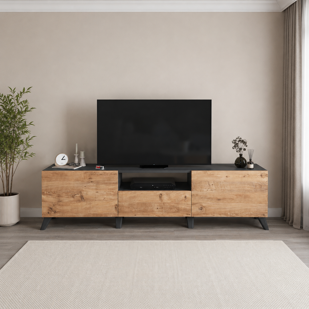 Comoda TV living 60 x 31,8 x 44,8 cm cm,  2 usi rabatabile soft-close, PAL melaminat 18 mm clasa E1, stil scandinav