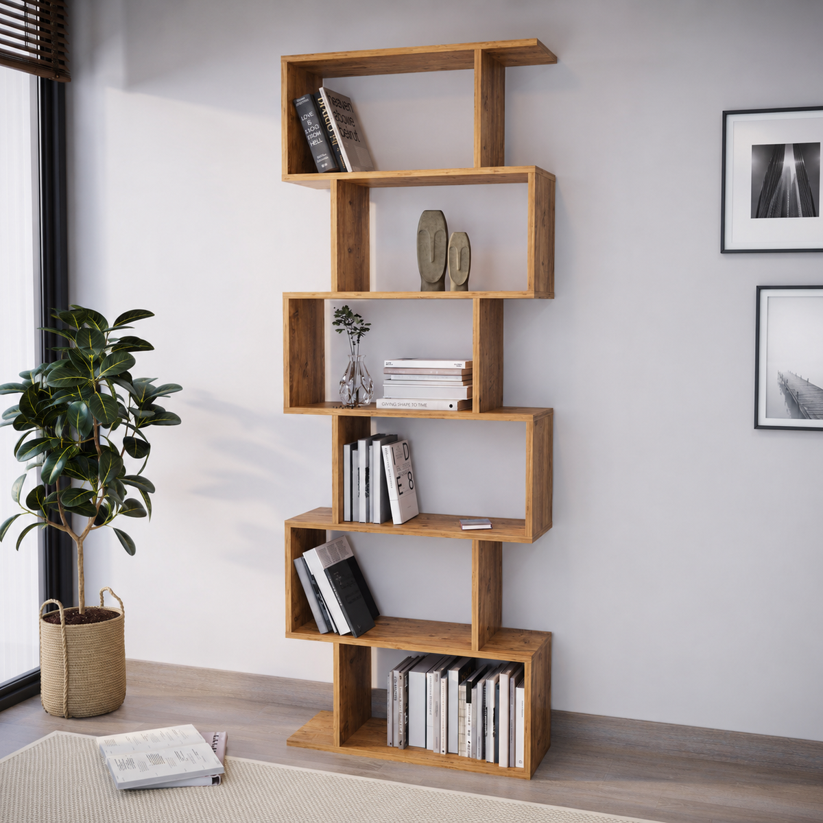 Biblioteca zig-zag din PAL 80x25x190,2 cm, cu 6 rafturi, pentru carti si decoratiuni