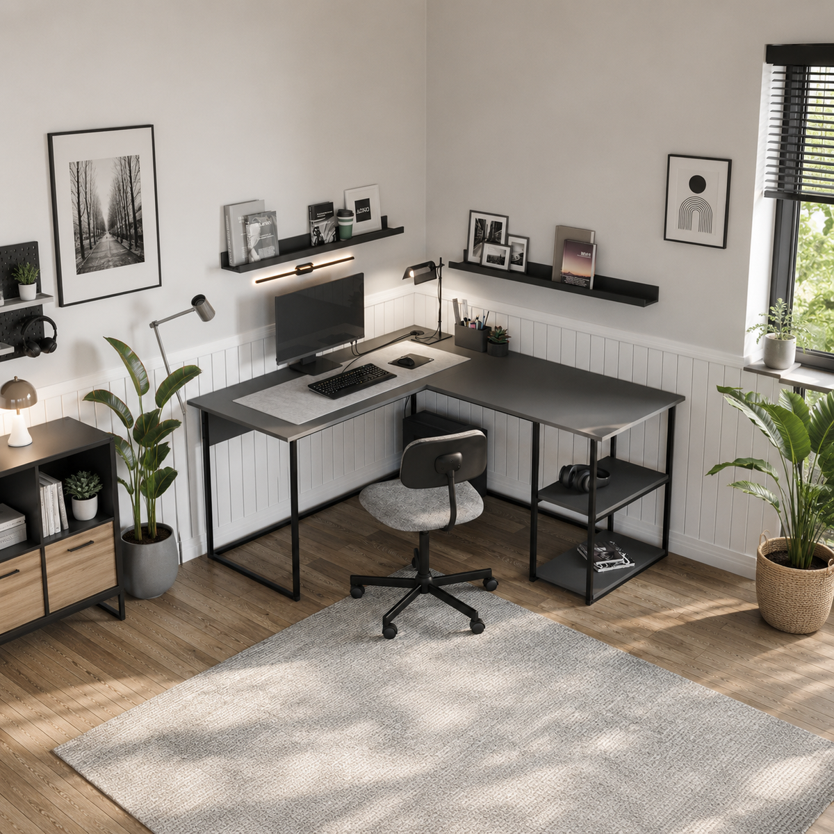 Birou de colt in forma L 140x147,8x73,8 cm, cu rafturi integrate si cadru metalic, pentru home office sau birou