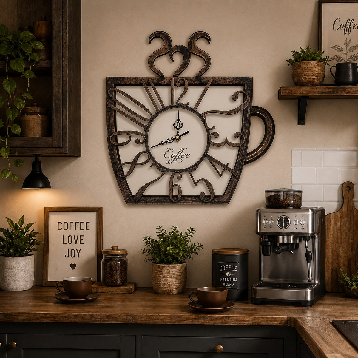 Ceas de Perete Decorativ in Forma de Ceasca de Cafea, 30x28 cm, Design 3D cu Cifre si Limbi in Relief