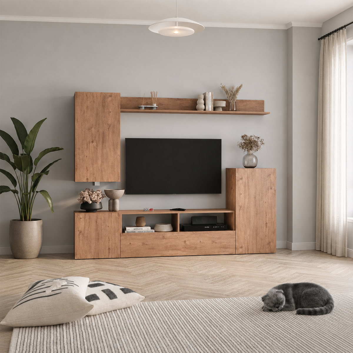 Comoda TV 210x38x90,4 cm, cu dulap suspendat, pentru living