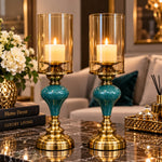 Set 2 Sfeșnice Decorative Premium cu Sticlă Amber și Accente Turcoaz-Aurii – Înălțime 38 cm