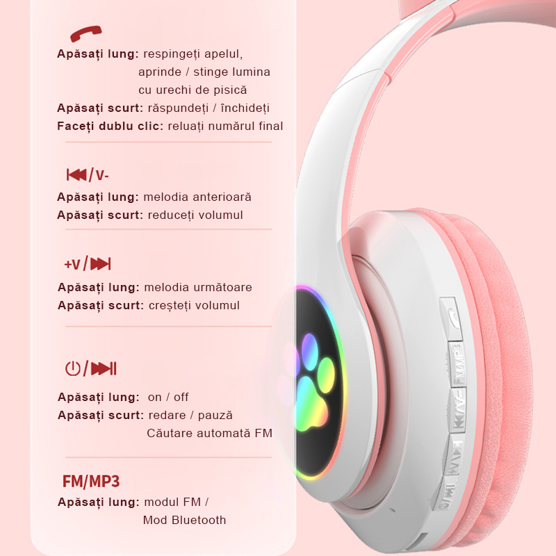 RESIGILAT - Casti wireless pliabile cu urechi de pisica iluminate LED, Bluetooth 5.0, Bass Stereo