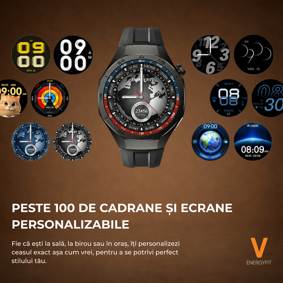RESIGILAT - Ceas Smartwatch ENERGYFIT, Ecran AMOLED 1.43", Apel Bluetooth, ChatGPT AI, Notificari Romana, Fitness, Sport, Rezistent Apa 5ATM, Incarcare Wireless, 2 Curele, Negru