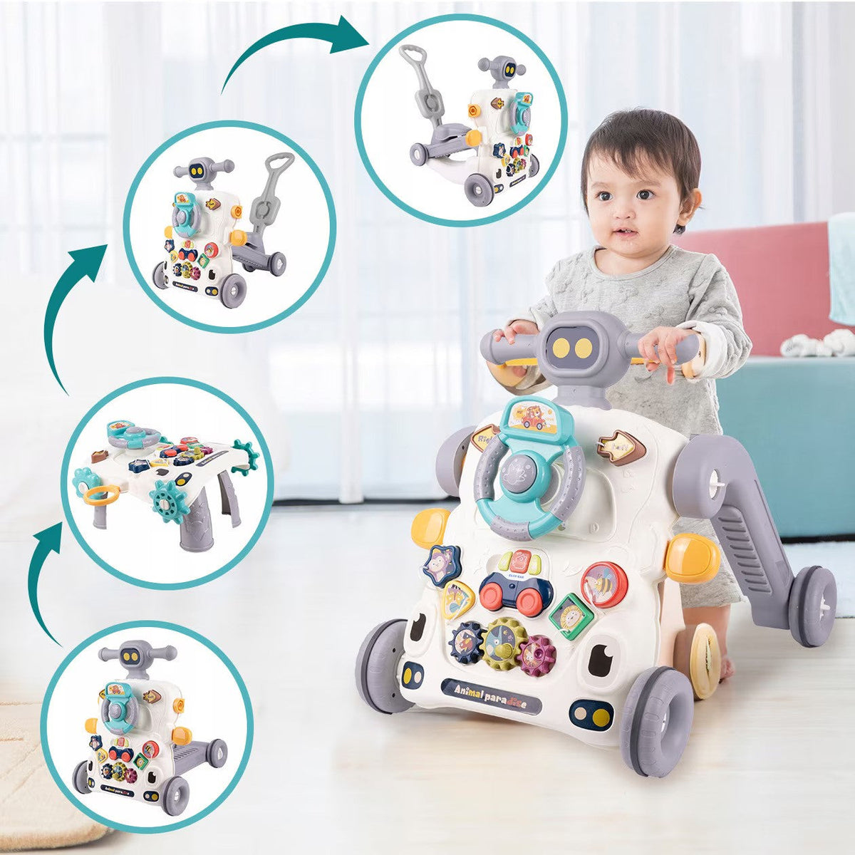 Antemergator 6 in 1  pentru Copii, cu Activitati Montessori de joaca si roti anti-alunecare,