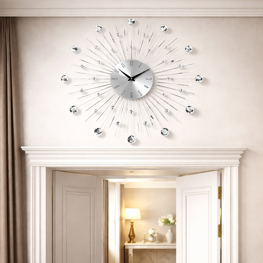 Ceas de perete 55 cm argintiu – design elegant cu margele acrilice, mecanism quartz silentios