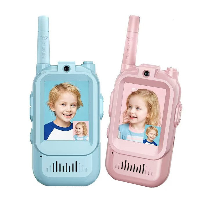 Set 2 Walkie Talkie VisionHub cu Video 480P HD Ecran 2.0 Inch Raza 300m Roz Albastru - detaliu produs