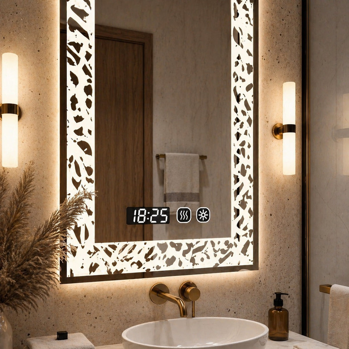 Oglinda LED baie 60x80 cm margini ornamentale iluminare reglabila touch ceas digital