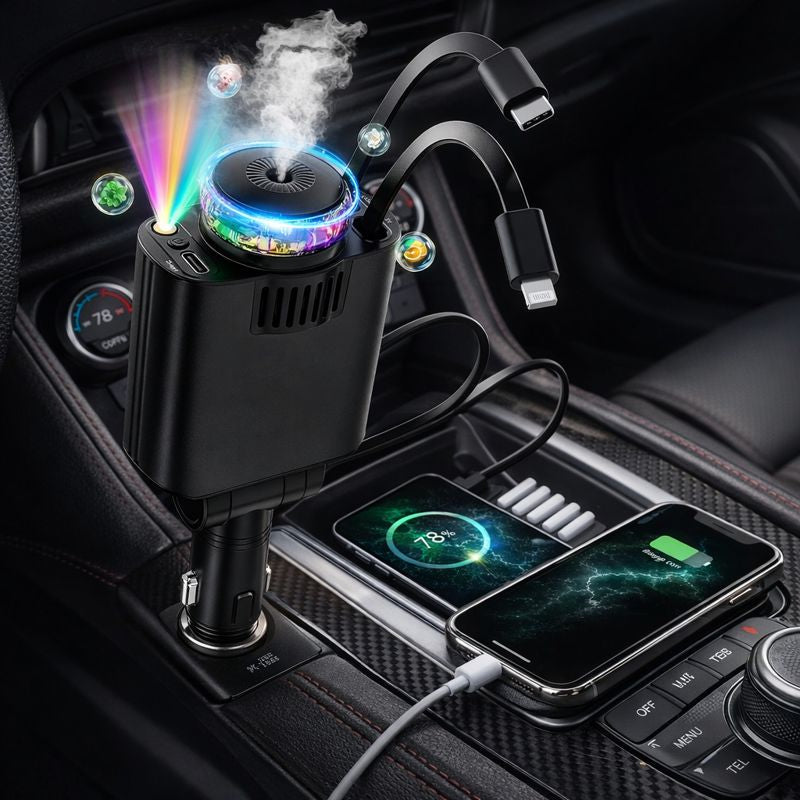 Incarcator Auto Retractabil 5 in 1, 45W PD, difuzor de parfum integrat, lumina ambientala