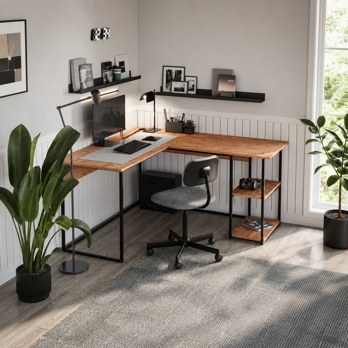 Birou de colt in forma L 140x147,8x73,8 cm, cu rafturi integrate si cadru metalic, pentru home office sau birou