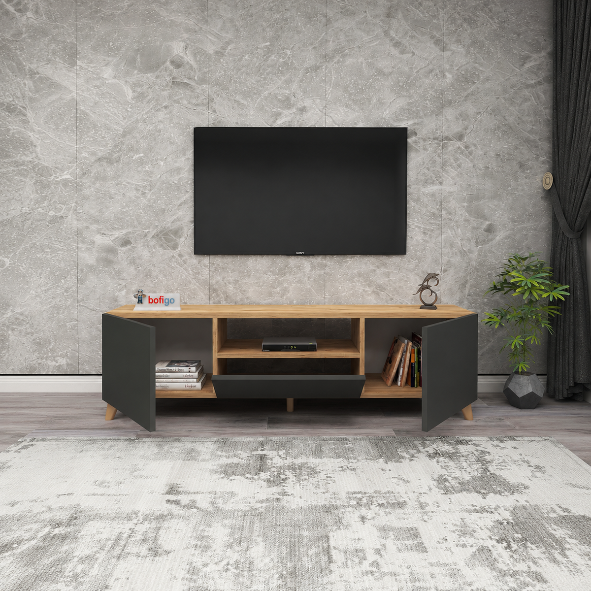 Comoda TV living 60 x 31,8 x 44,8 cm cm,  2 usi rabatabile soft-close, PAL melaminat 18 mm clasa E1, stil scandinav