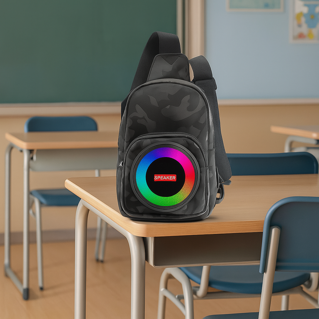 Boxa portabila tip rucsac, Bluetooth 5.0, lumini RGB, FM, TWS si power bank, 17 x 10.5 x 19.5 cm