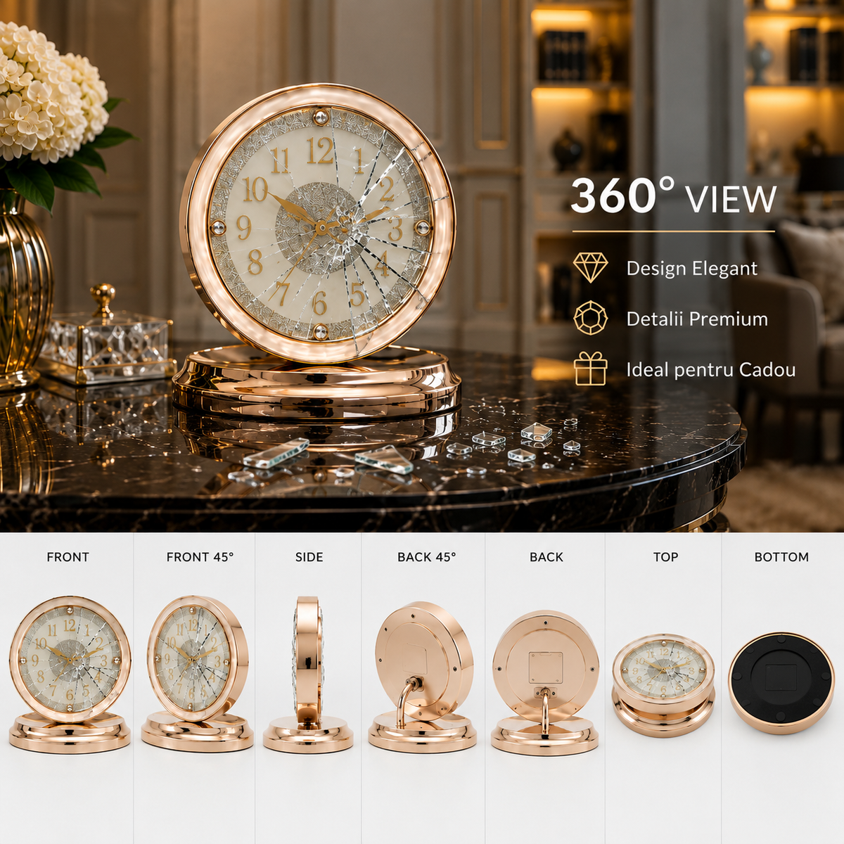 Ceas de masă decorativ premium, finisaj Rose Gold – mecanism silențios, design elegant, funcționare pe baterie 25.5 x26 cm - detaliu produs