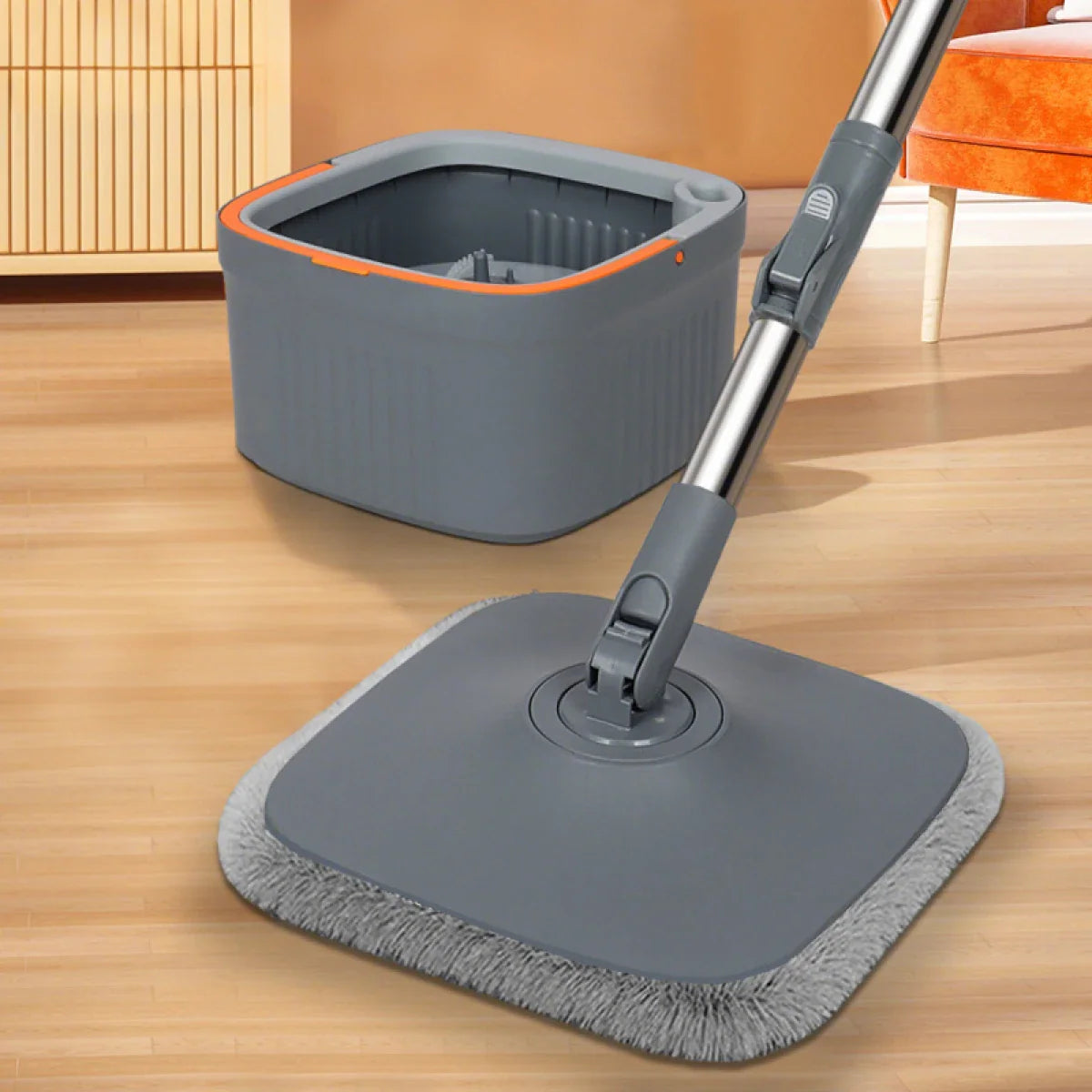 Set mop rotativ 360° cu galeata centrifuga, separare apa curata de apa murdara, sistem evacuare apa, 4 rezerve, gri