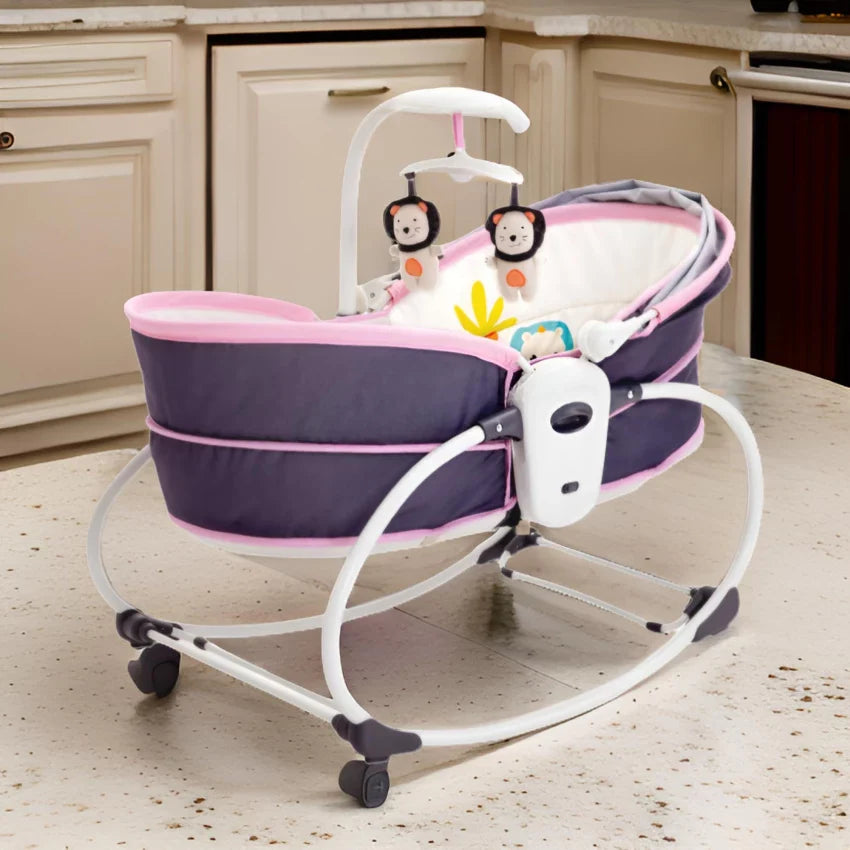 Balansoar 5 in 1 cu vibratii pentru copii si bebelusi, transformabil in landou si scaun copii, cu melodii, Mov