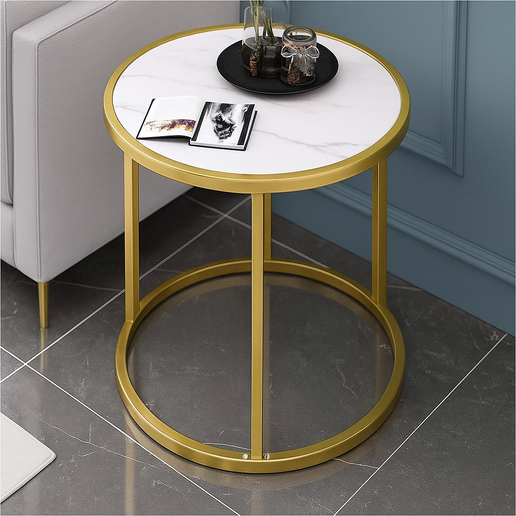Masuta rotunda eleganta cu blat tip marmura si cadru metalic auriu, design modern pentru living 40 x 40 x 45 cm