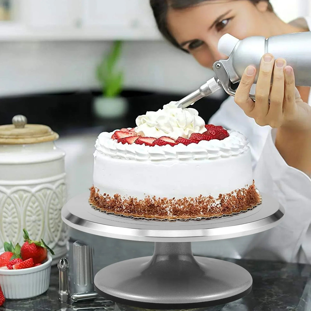 Platou cu picior rotativ pentru decorat tort, aluminiu, diametru 30 cm si picior antiaderent