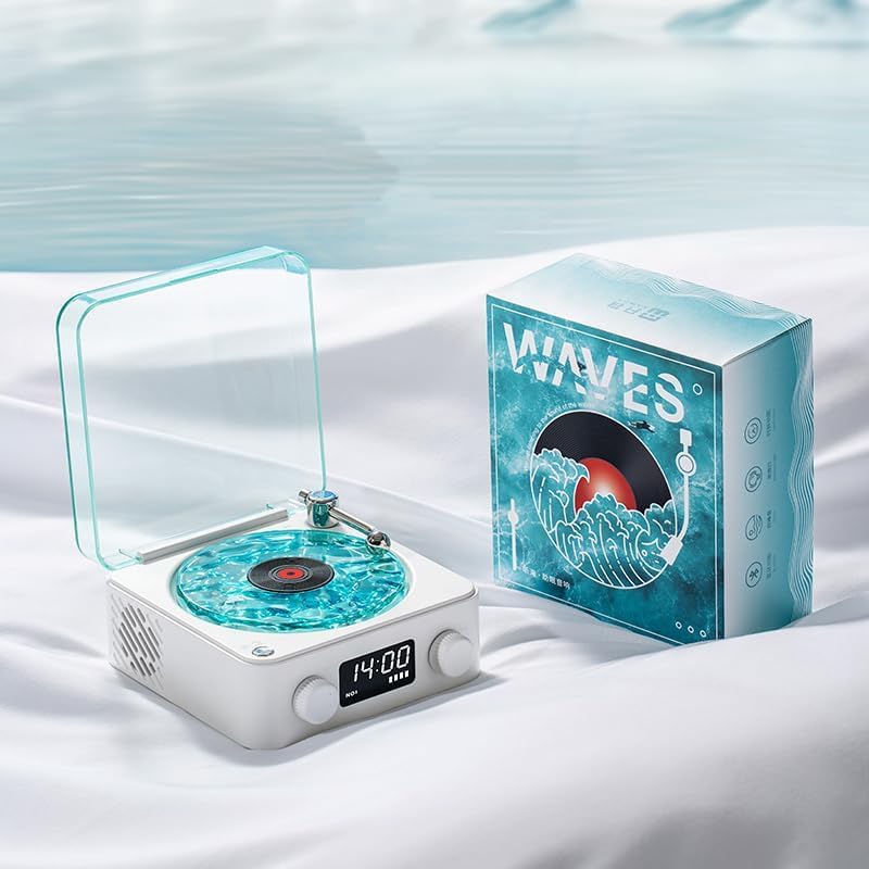 Boxa Portabila Vintage model Vinyl Timebox, cu Lumini, Proiectii de valuri si Timp Reglabil pentru Dormitor si Petreceri, Lampa de veghe tip proiector, AUX, Bluetooth, Card TF, Sunet Surround 360°, Alb