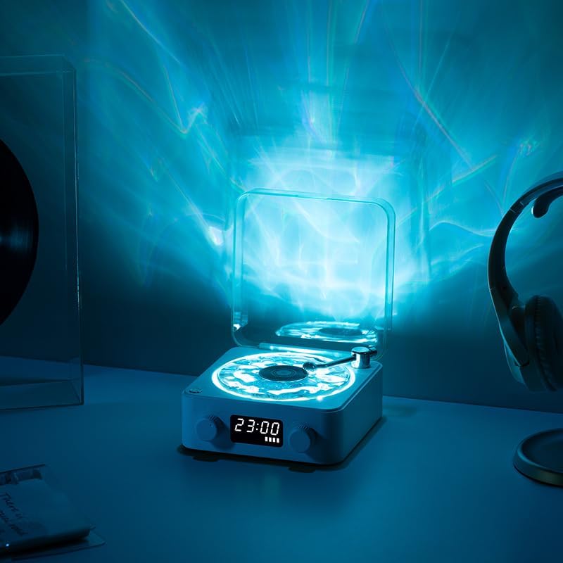 Boxa Portabila Vintage model Vinyl Timebox, cu Lumini, Proiectii de valuri si Timp Reglabil pentru Dormitor si Petreceri, Lampa de veghe tip proiector, AUX, Bluetooth, Card TF, Sunet Surround 360°, Alb