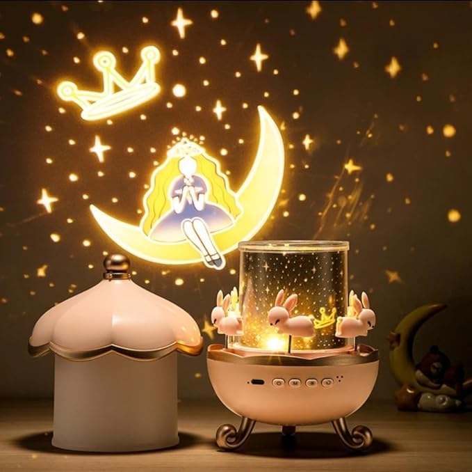 Carusel iepurasi cu proiectie stelara si rotire 360° – lampa veghe copii, 12 de moduri de lumina