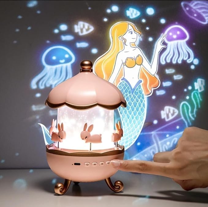 Carusel iepurasi cu proiectie stelara si rotire 360° – lampa veghe copii, 12 de moduri de lumina