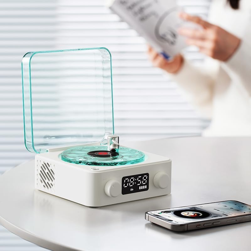 Boxa Portabila Vintage model Vinyl Timebox, cu Lumini, Proiectii de valuri si Timp Reglabil pentru Dormitor si Petreceri, Lampa de veghe tip proiector, AUX, Bluetooth, Card TF, Sunet Surround 360°, Alb