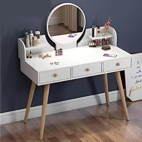 Masa de toaleta cu oglinda 100x120x40 cm design modern alba cu sertare si rafturi