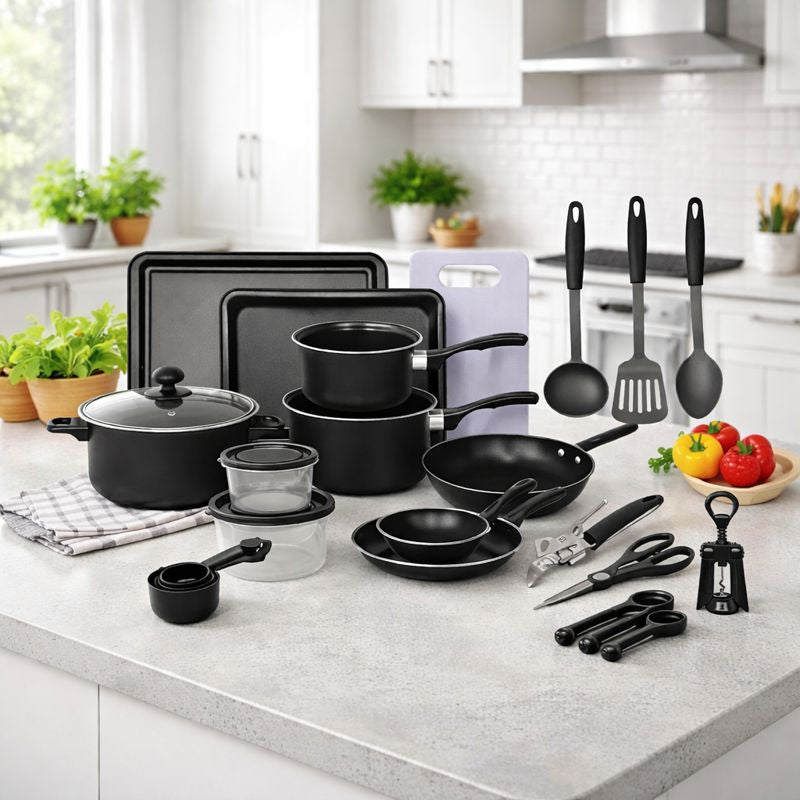 Set Bucatarie Complet, 22 Piese cu Oale, Tigai, Wok, Tavi si Accesorii pentru Gatit, Negru