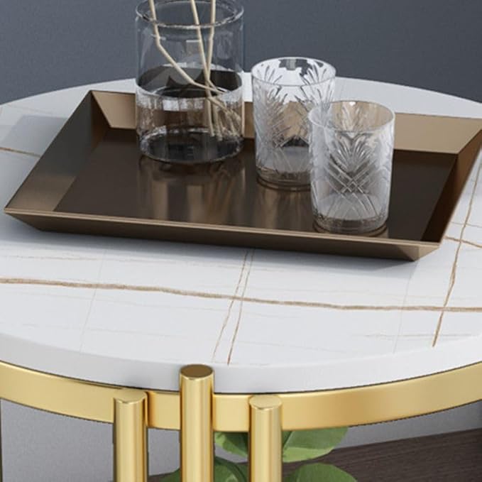 RESIGILAT - Masuta rotunda pe 2 nivele, blat tip piatra, cadru metalic auriu, design elegant, 60x30 cm