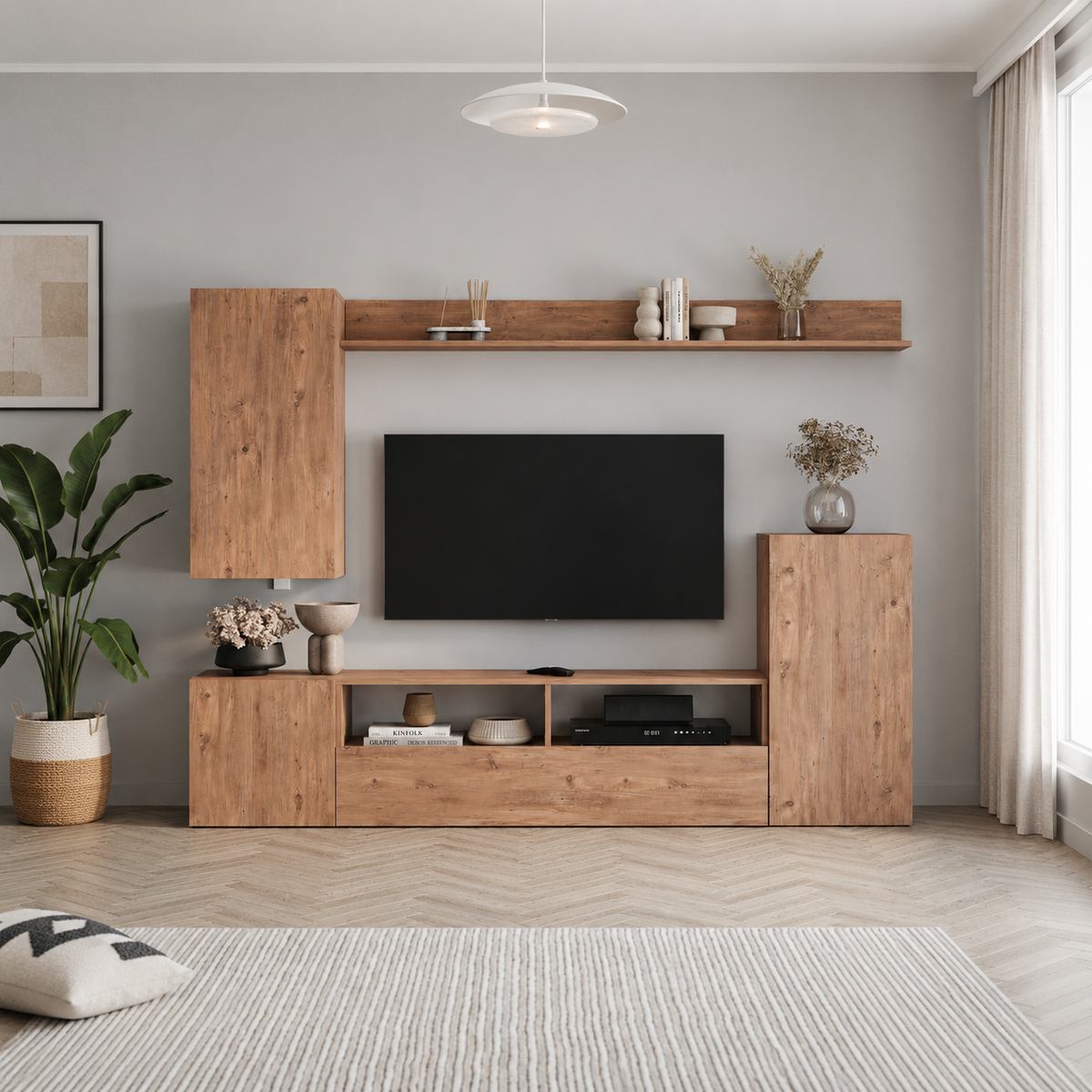 Comoda TV 210x38x90,4 cm, cu dulap suspendat, pentru living