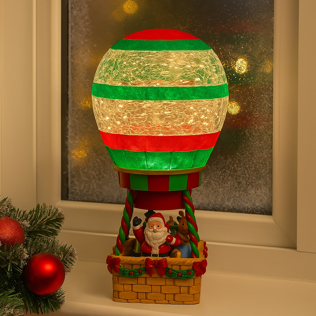 Decoratiune Craciun luminoasa cu balon cu aer cald si Mos Craciun  13 x 13 x 25.5 cm