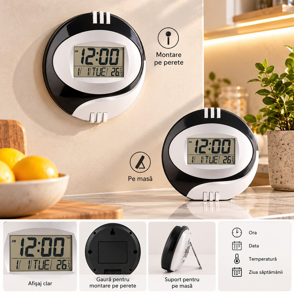 Ceas Digital 2 în 1, de Masă și de Perete, cu Temperatură, Dată și Ziua Săptămânii – 20 cm - imagine principala