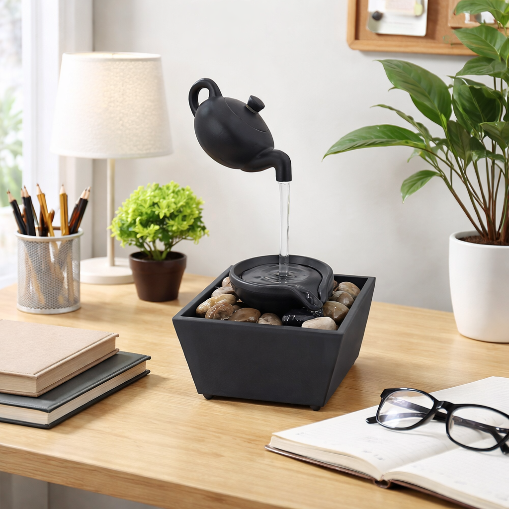 Fantana decorativa cu ceainic suspendat, alimentare USB si baterii, 27.5x11.7x11.7cm, cu lumini LED si pietre, negru, 404g